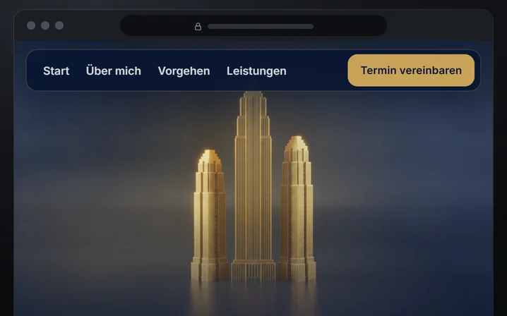 Website einer Finanzberatung, in der eine goldene Münze zu einem Turm wird