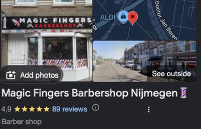 Google-Unternehmensprofil von MagicFingers Barbershop in Nijmegen mit über 80 Bewertungen und annähernd fünf Sternen