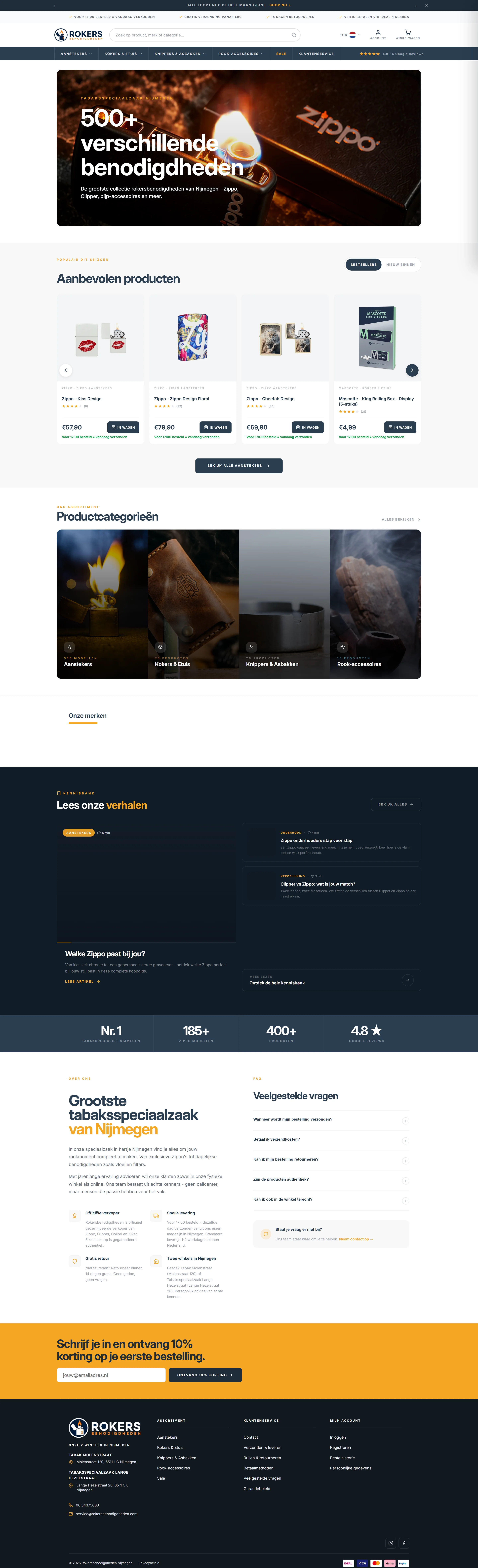 Desktop-Ansicht der Website von Rokersbenodigdheden
