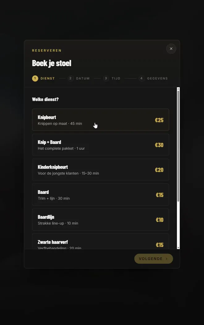Online-Buchung auf der Website von MagicFingers mit Auswahl der Leistung