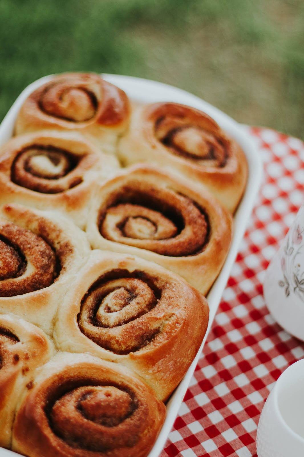 Fresh cinnamon rolls in a baking dish on a red gingham cloth