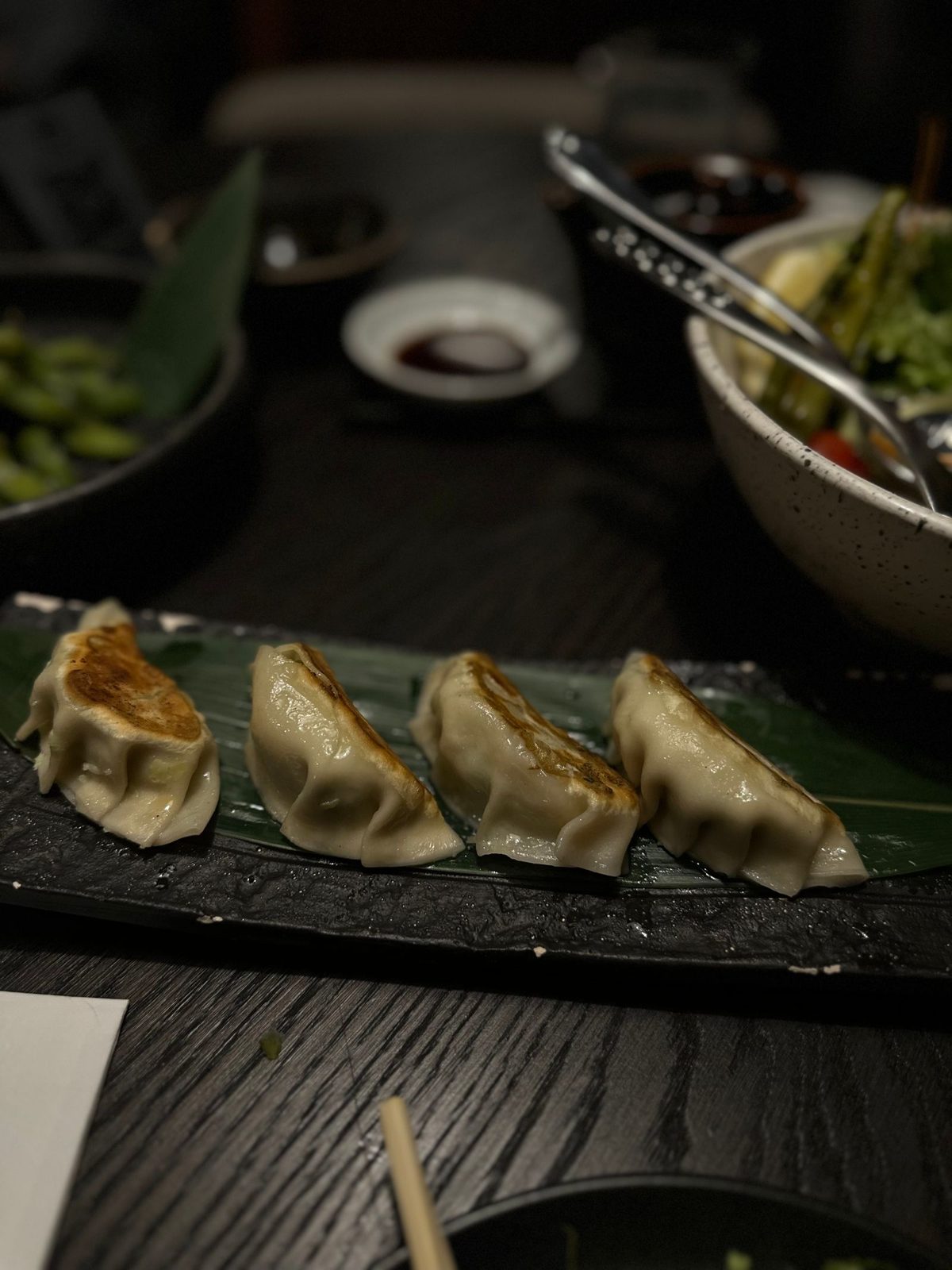 Pan fried gyoza lined up on a dark plate