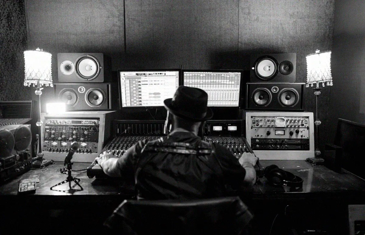 Engineer seen from behind at a mixing desk with two screens and monitors
