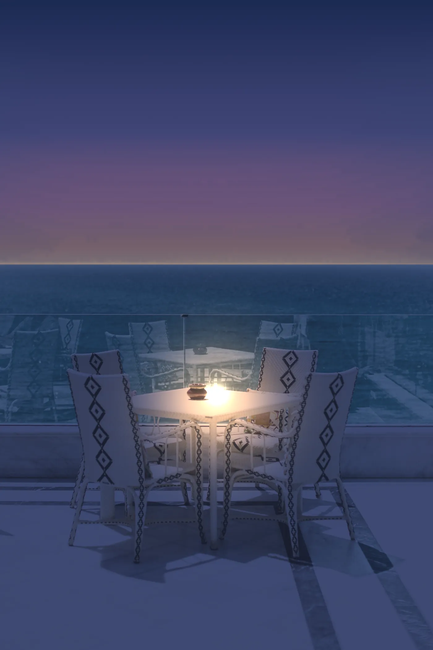 The terrace in the blue hour with a lamp on the table
