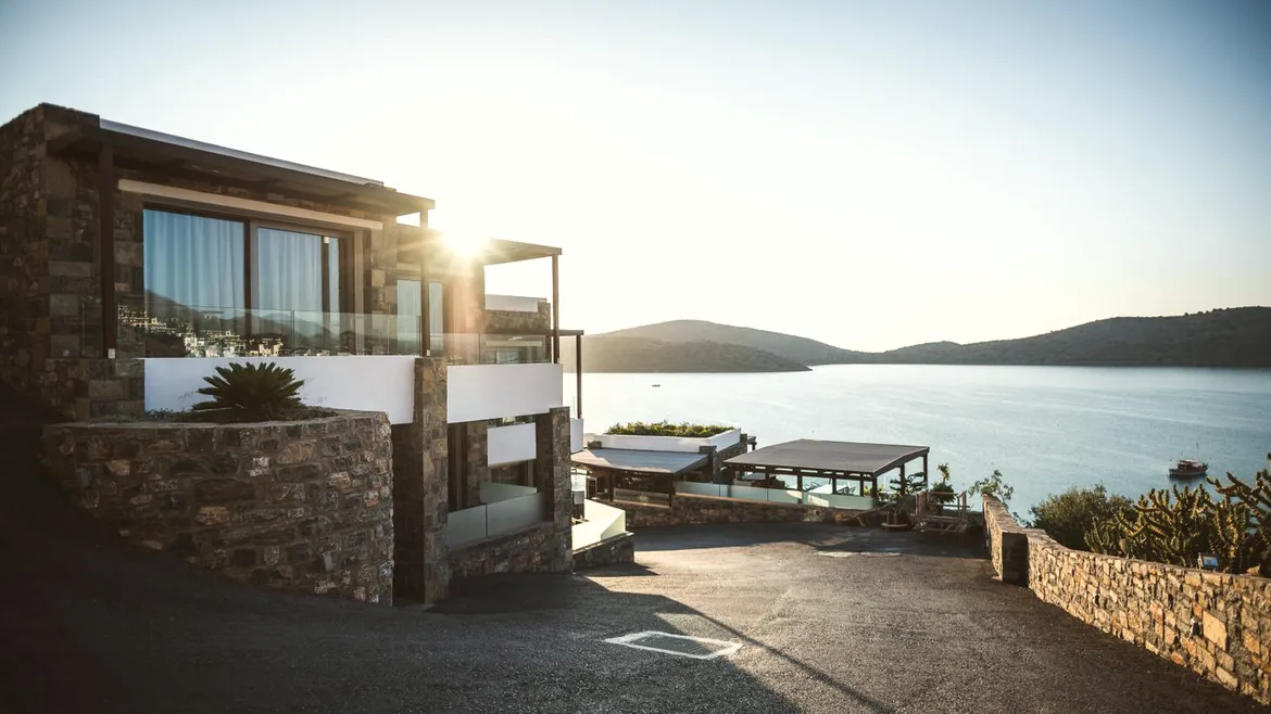 Stone terrace house in low sun